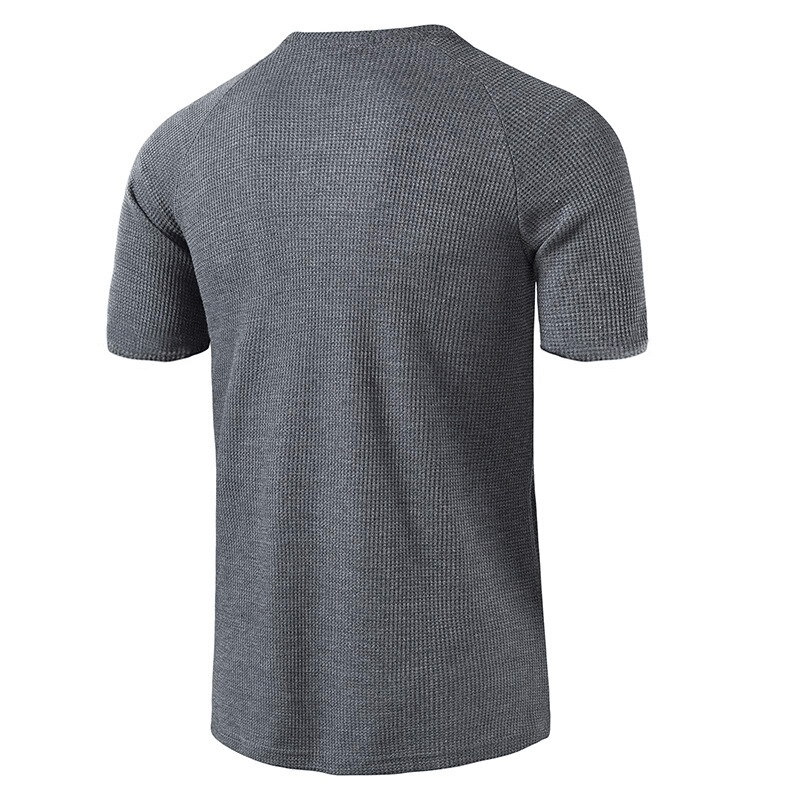 Men's grey short sleeve breathable t-shirt, polyester-spandex blend, perfect for gym or casual wear, shown from the back.